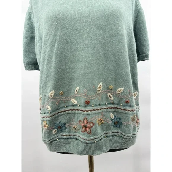 Alfred Dunner Sage Green Embroidered Floral Short Sleeve Polo Sweater XL - Picture 4 of 9